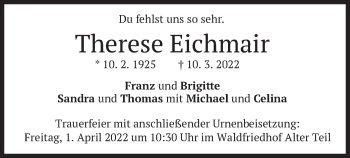 Traueranzeige von Therese Eichmair von merkurtz