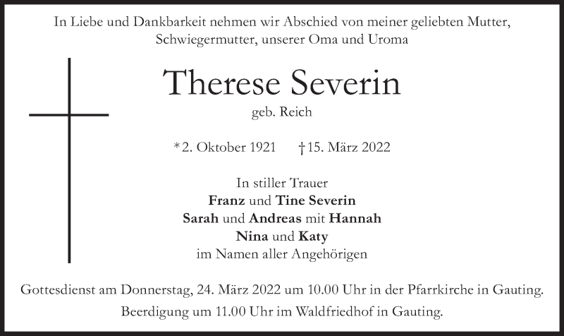  Traueranzeige für Therese Severin vom 19.03.2022 aus merkurtz