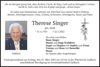 Traueranzeige von Therese Singer von merkurtz