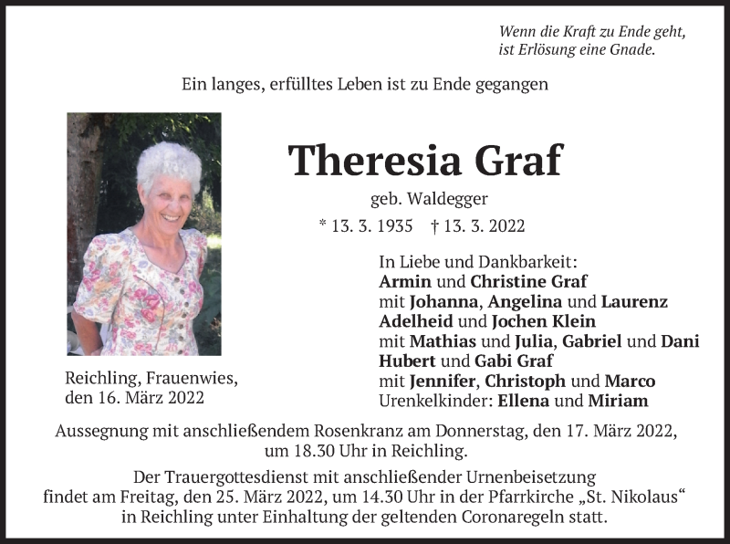  Traueranzeige für Theresia Graf vom 16.03.2022 aus merkurtz
