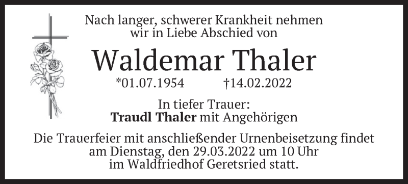  Traueranzeige für Waldemar Thaler vom 26.03.2022 aus merkurtz