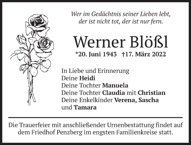 Traueranzeige für Werner Blößl vom 25.03.2022 aus Das Gelbe Blatt Penzberg