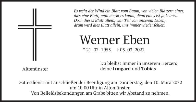  Traueranzeige für Werner Eben vom 08.03.2022 aus merkurtz