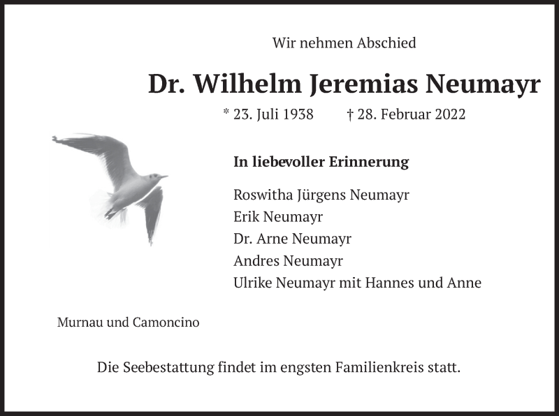  Traueranzeige für Wilhelm Jeremias Neumayr vom 08.03.2022 aus merkurtz
