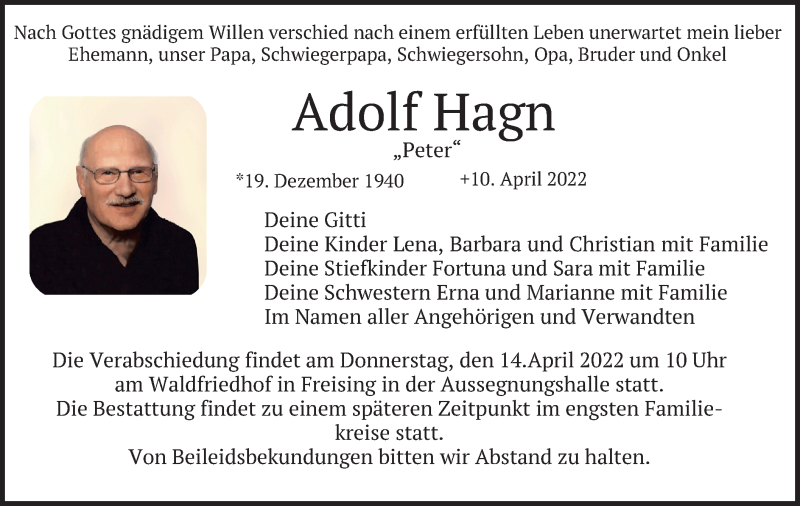  Traueranzeige für Adolf Hagn vom 13.04.2022 aus merkurtz