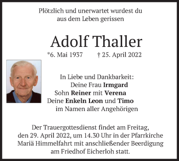 Traueranzeige von Adolf Thaller von merkurtz
