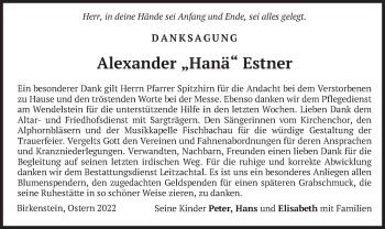 Traueranzeige von Alexander Estner von merkurtz