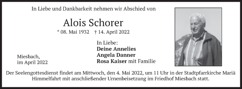  Traueranzeige für Alois Schorer vom 30.04.2022 aus merkurtz