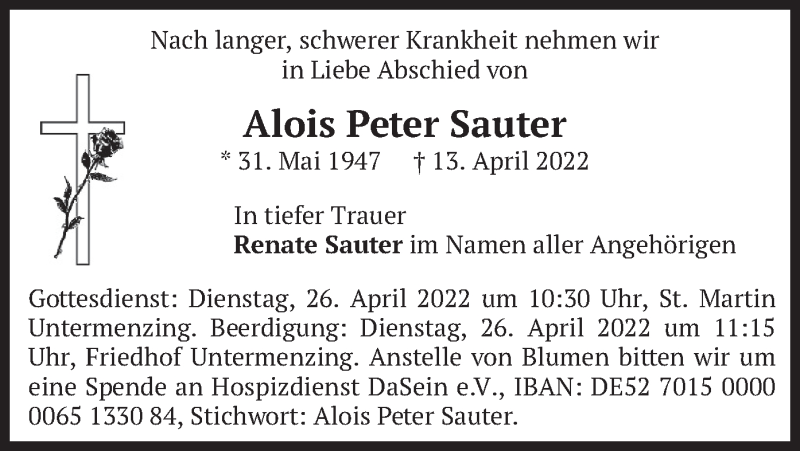  Traueranzeige für Alois Peter Sauter vom 23.04.2022 aus merkurtz