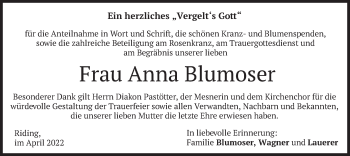 Traueranzeige von Anna Blumoser von merkurtz
