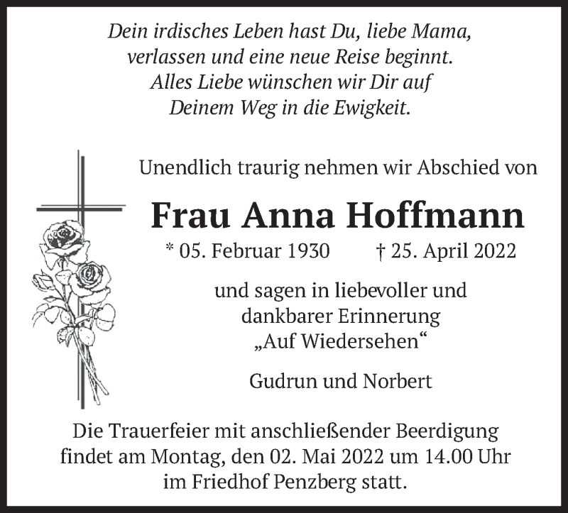  Traueranzeige für Anna Hoffmann vom 29.04.2022 aus merkurtz