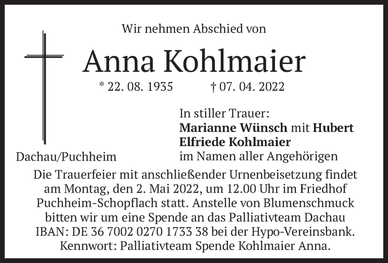  Traueranzeige für Anna Kohlmaier vom 28.04.2022 aus merkurtz