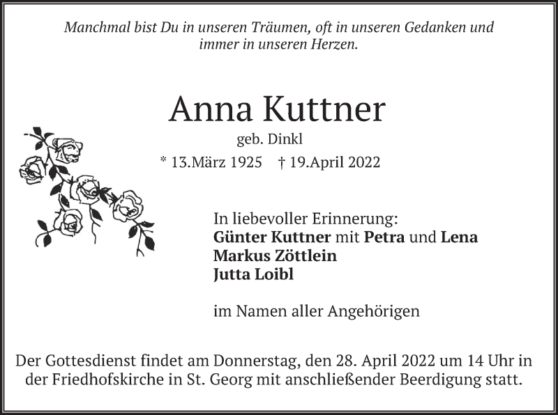  Traueranzeige für Anna Kuttner vom 23.04.2022 aus merkurtz