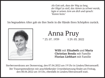 Traueranzeige von Anna Pruy von merkurtz