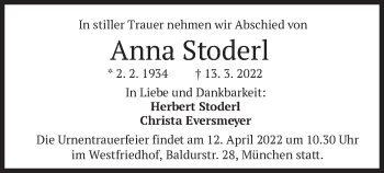 Traueranzeige von Anna Stoderl von merkurtz