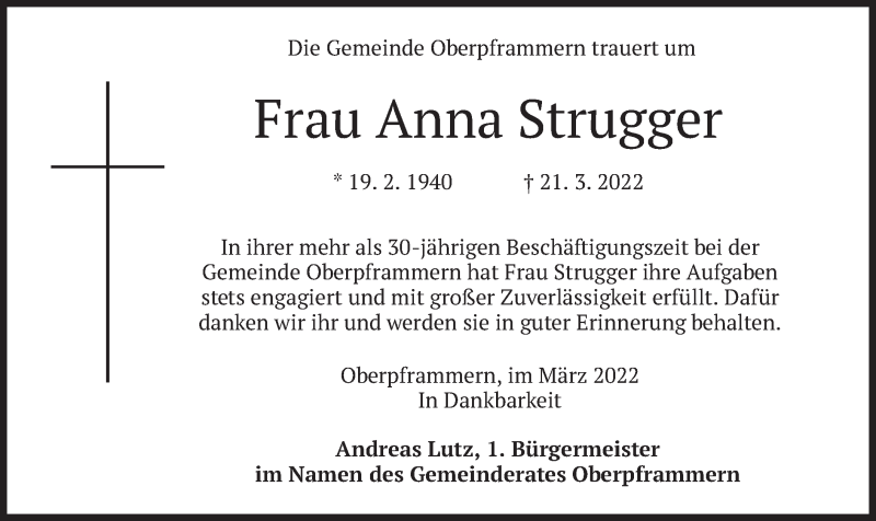  Traueranzeige für Anna Strugger vom 02.04.2022 aus merkurtz