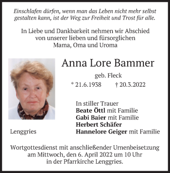 Traueranzeige von Anna Lore Bammer von merkurtz