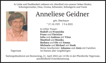 Traueranzeige von Anneliese Geidner von merkurtz