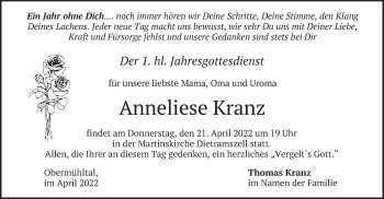 Traueranzeige von Anneliese Kranz von merkurtz