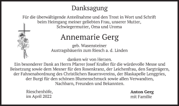 Traueranzeige von Annemarie Gerg von merkurtz