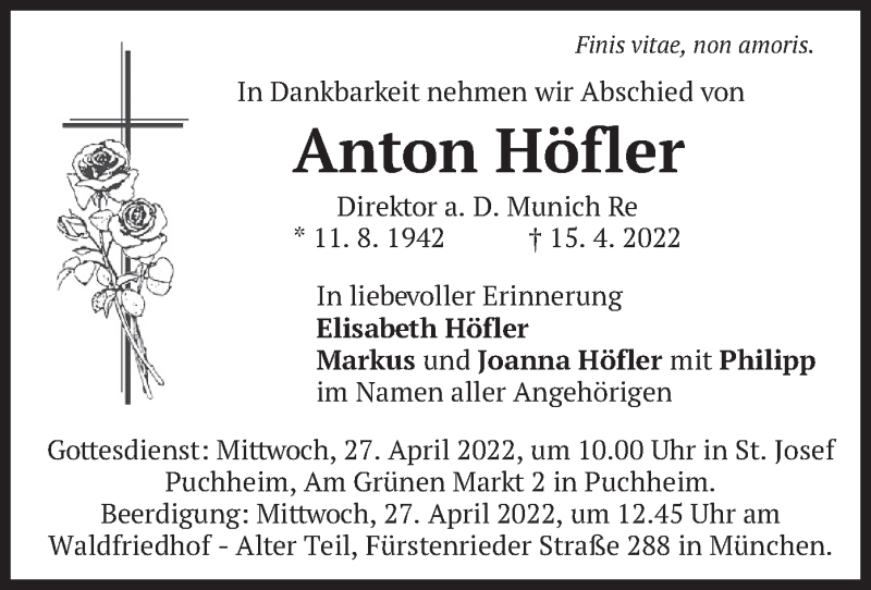  Traueranzeige für Anton Höfler vom 23.04.2022 aus merkurtz