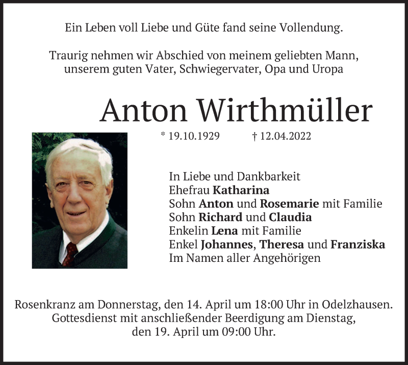  Traueranzeige für Anton Wirthmüller vom 14.04.2022 aus merkurtz