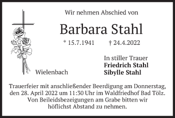 Traueranzeige von Barbara Stahl von merkurtz