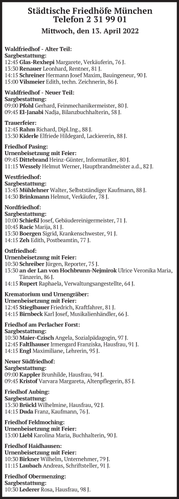 Traueranzeige von Beerdigungen vom 13.04.2022 von merkurtz