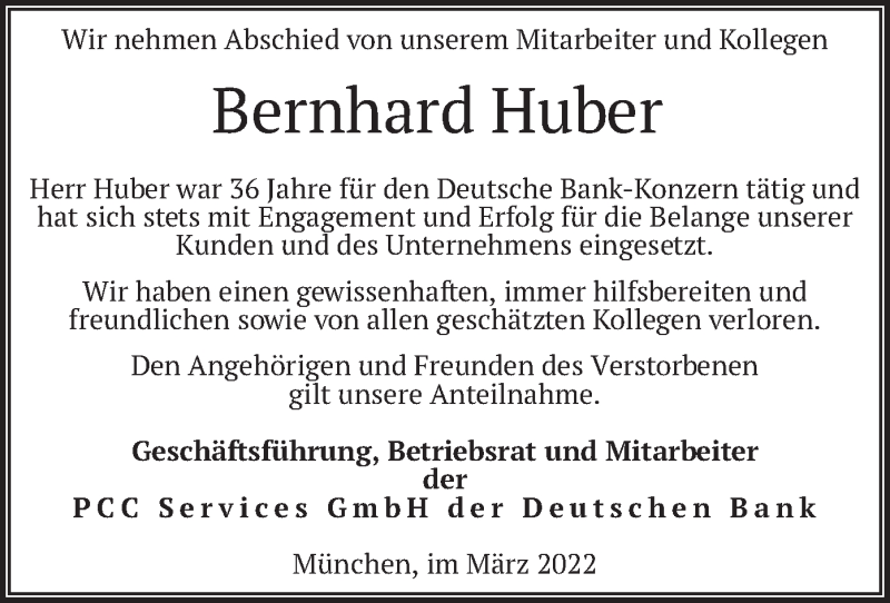  Traueranzeige für Bernhard Huber vom 06.04.2022 aus merkurtz