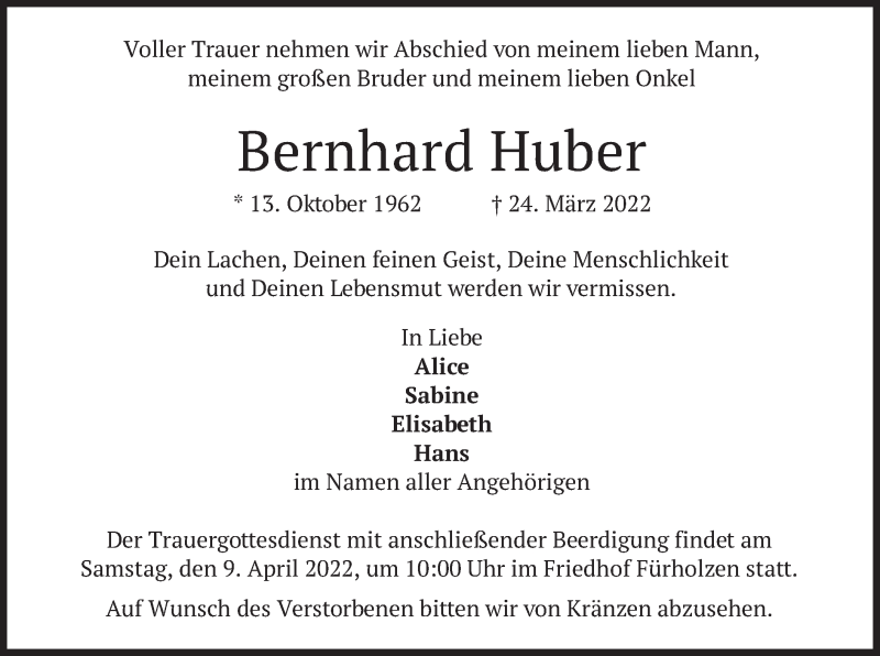  Traueranzeige für Bernhard Huber vom 06.04.2022 aus merkurtz