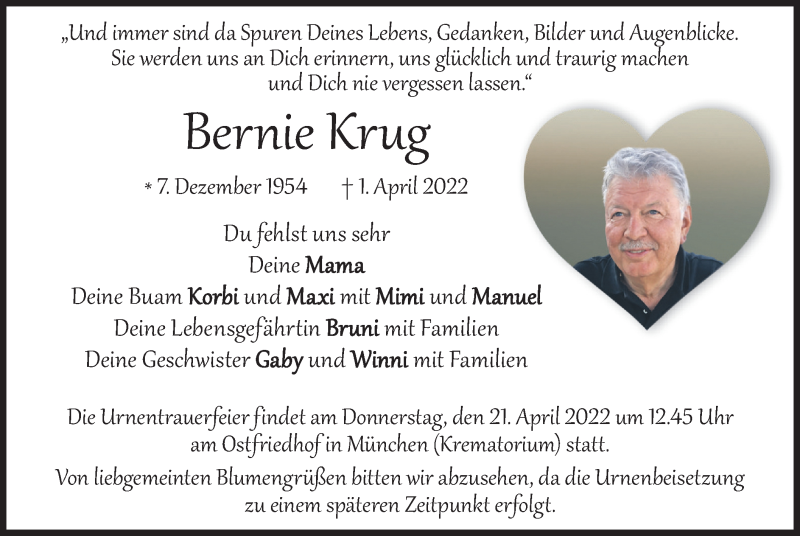  Traueranzeige für Bernie Krug vom 16.04.2022 aus merkurtz