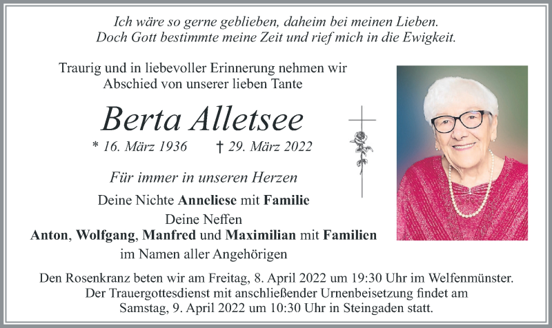  Traueranzeige für Berta Alletsee vom 02.04.2022 aus merkurtz