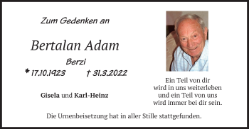 Traueranzeige von Bertalan Adam von merkurtz