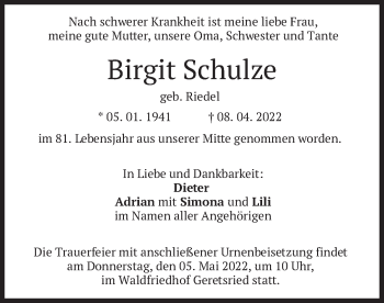 Traueranzeige von Birgit Schulze von merkurtz