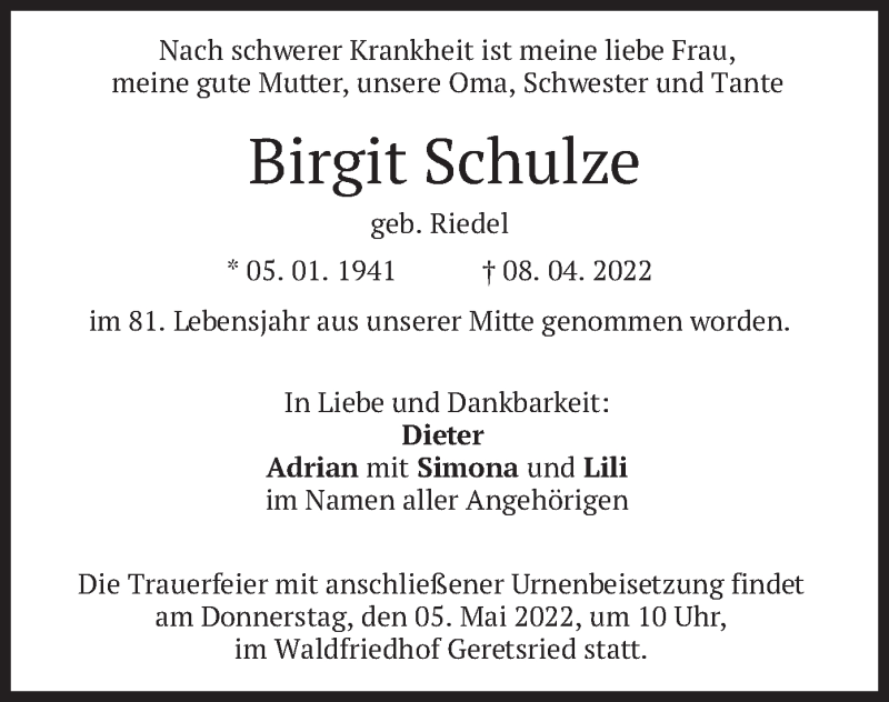  Traueranzeige für Birgit Schulze vom 30.04.2022 aus merkurtz