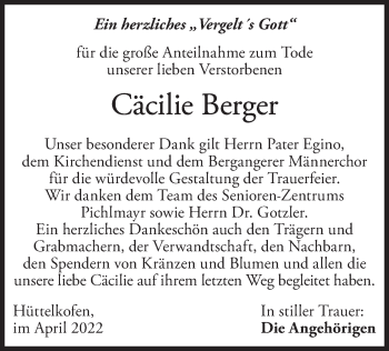 Traueranzeige von Cäcilie Berger