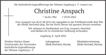 Traueranzeige von Christine Anspach von merkurtz