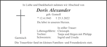 Traueranzeige von Doris Alexander von merkurtz