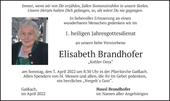 Traueranzeige von Elisabeth Brandhofer von merkurtz