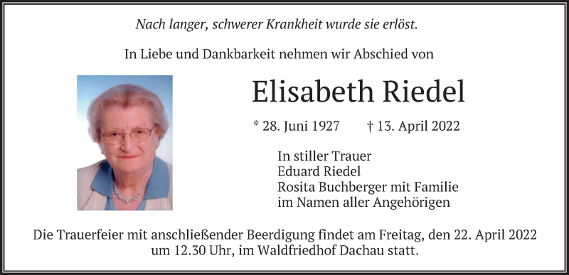  Traueranzeige für Elisabeth Riedel vom 16.04.2022 aus merkurtz