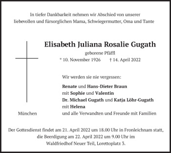 Traueranzeige von Elisabeth Juliana Rosalie Gugath von merkurtz