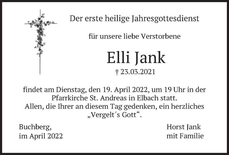  Traueranzeige für Elli Jank vom 16.04.2022 aus merkurtz