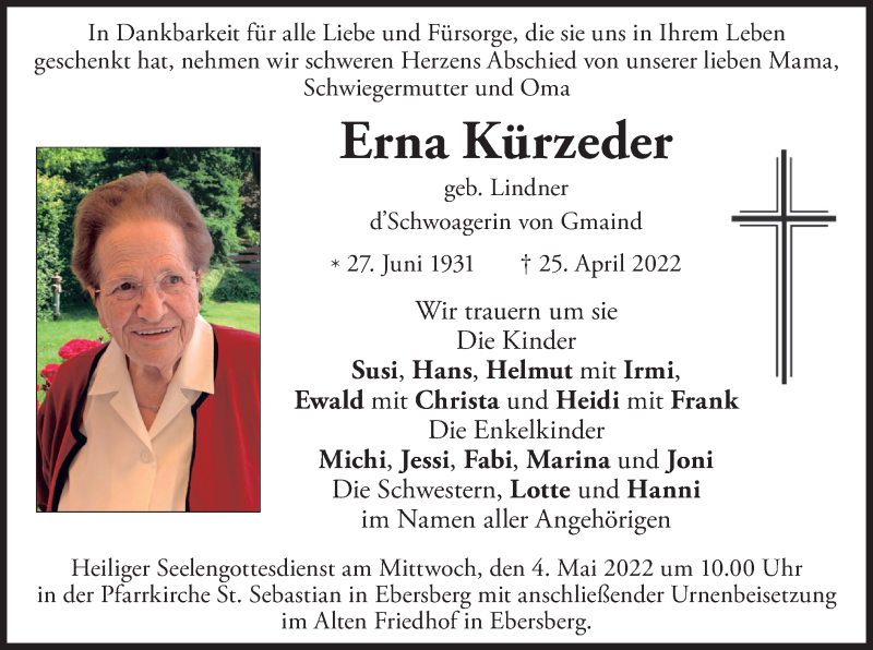  Traueranzeige für Erna Kürzeder vom 30.04.2022 aus merkurtz