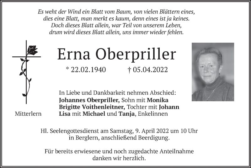  Traueranzeige für Erna Oberpriller vom 07.04.2022 aus merkurtz