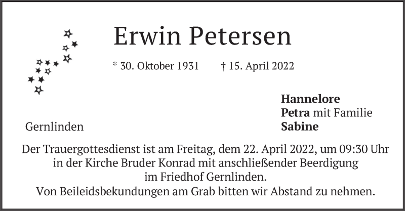  Traueranzeige für Erwin Petersen vom 21.04.2022 aus merkurtz
