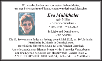 Traueranzeige von Eva Mühlthaler von merkurtz