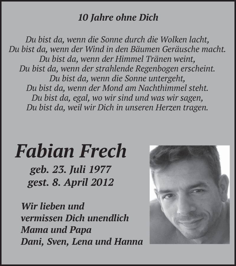  Traueranzeige für Fabian Frech vom 08.04.2022 aus merkurtz