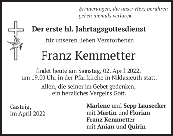 Traueranzeige von Franz Kemmetter von merkurtz