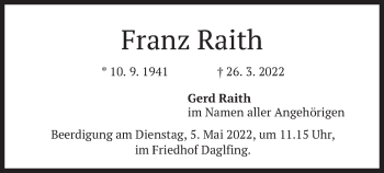 Traueranzeige von Franz Raith von merkurtz