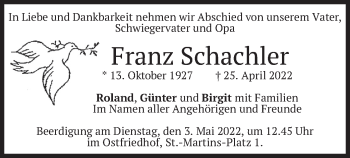 Traueranzeige von Franz Schachler von merkurtz